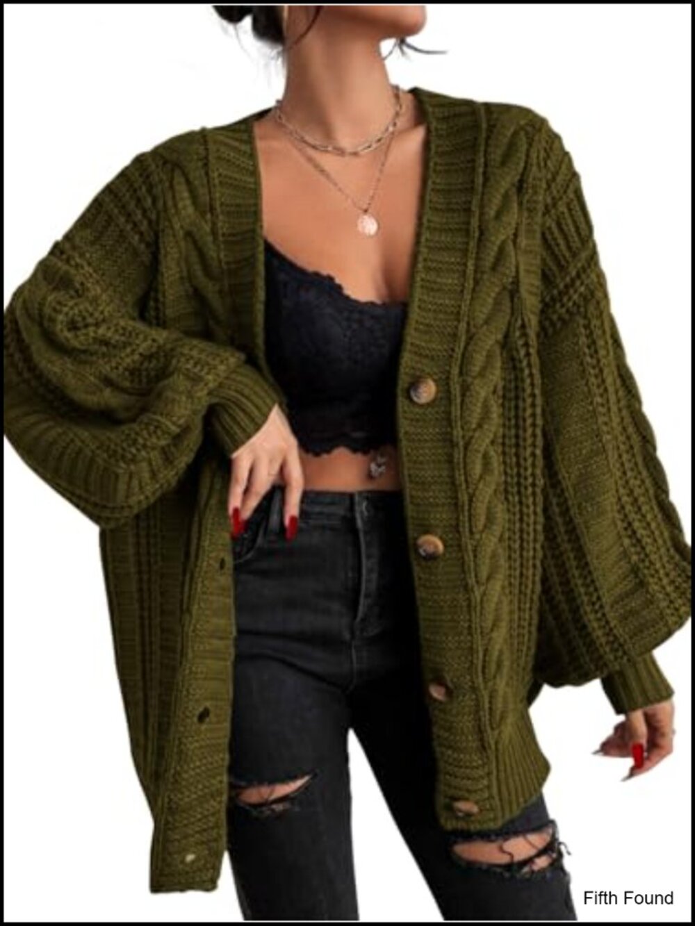 Oversized Cable Knit Button Cardigan V-Neck Lantern Sleeve Fall Winter Sweater